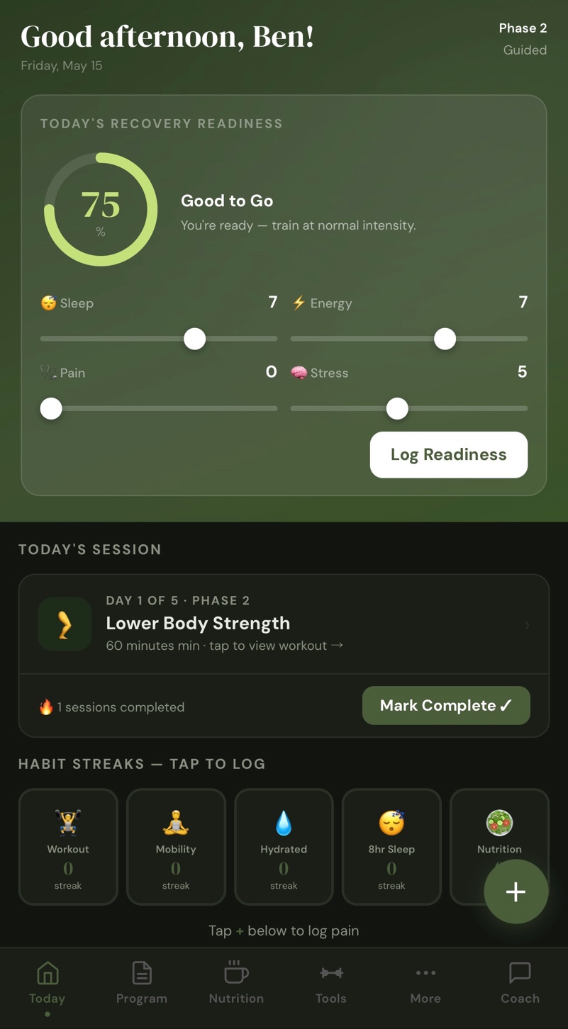 RecoverRX daily dashboard showing recovery readiness score, today's session, and habit streaks