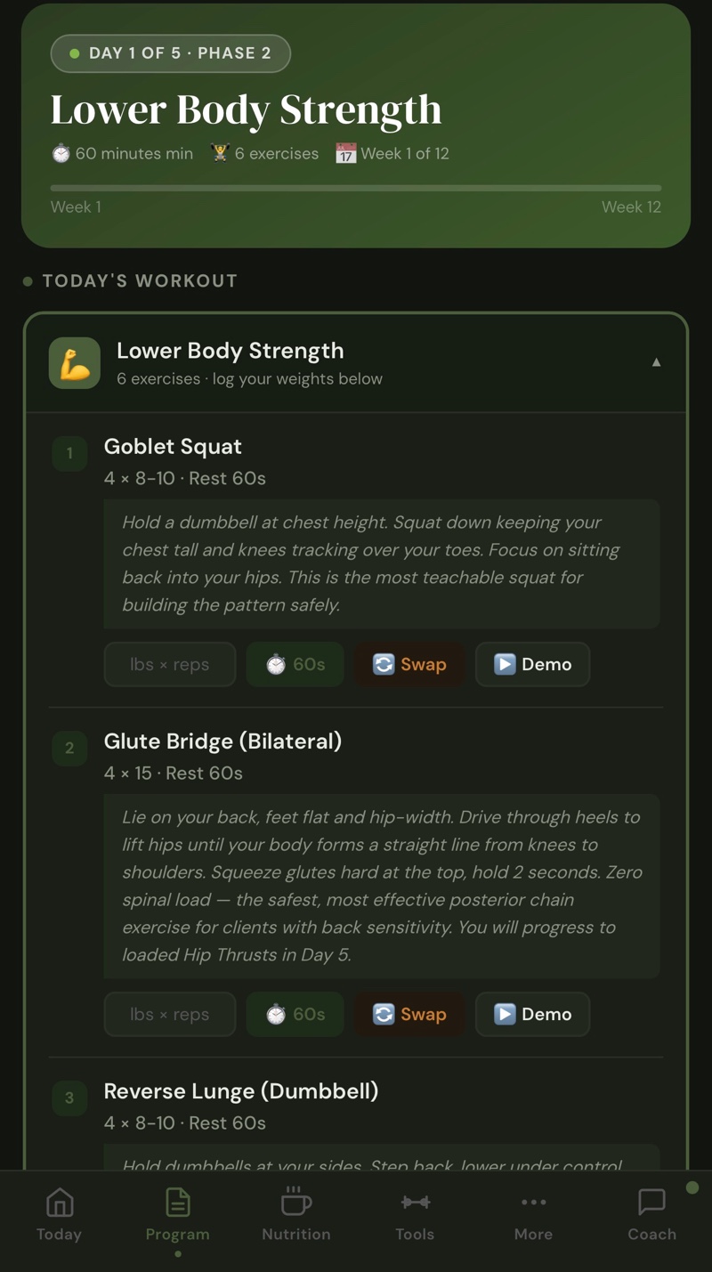 RecoverRX workout view showing Lower Body Strength session with Goblet Squat, Glute Bridge, and exercise coaching cues